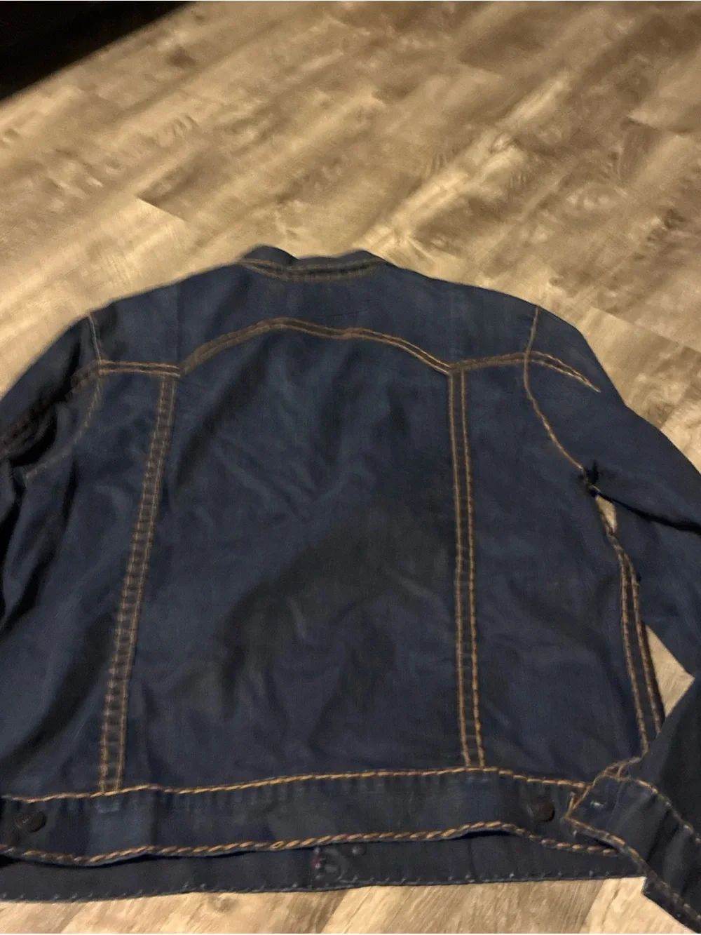 True Religion Men’s Denim Trucker Jacket XXL Big T Thick Stitch Blue Button Up